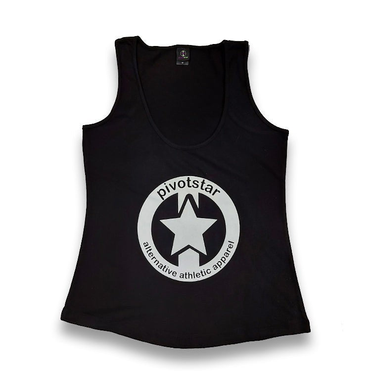 Pivotstar black unisex tank top with a white star logo and "alternative athletic apparel" text. Available in full length or cropped.
