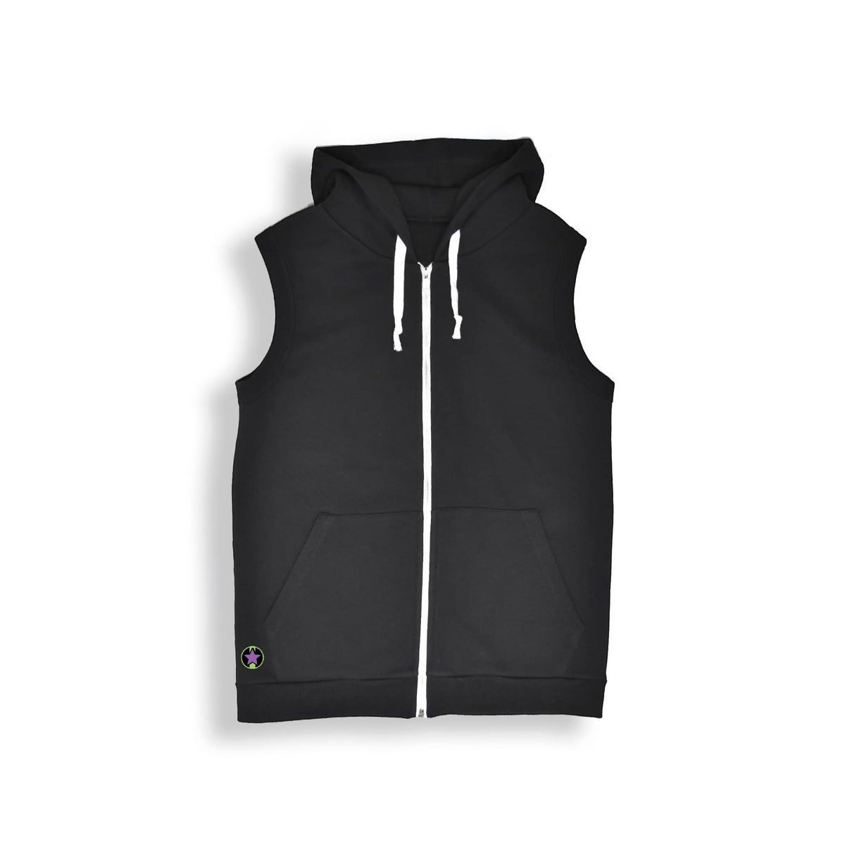black sleeveless hoodie with white drawstrings