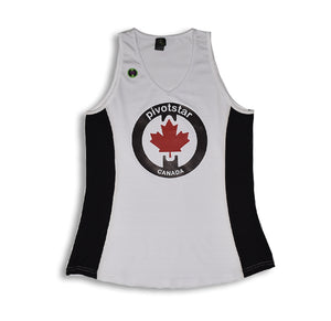 white jersey with black side. Pivotstar logo with red Canadian leaf instead of star