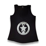Pivotstar black unisex tank top with a white star logo and "alternative athletic apparel" text. Available in full length or cropped.