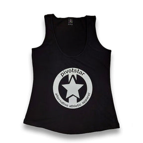 Pivotstar black unisex tank top with a white star logo and "alternative athletic apparel" text. Available in full length or cropped.