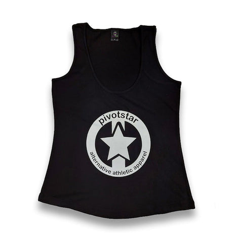 Pivotstar black unisex tank top with a white star logo and "alternative athletic apparel" text. Available in full length or cropped.