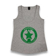Pivotstar grey heather cotton blend racerback tank top with green star logo and "alternative athletic apparel" text.