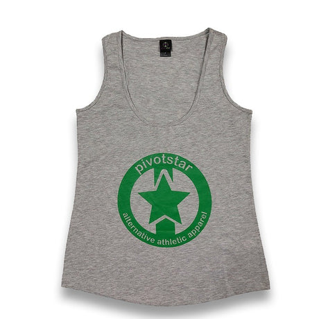 Pivotstar grey heather cotton blend racerback tank top with green star logo and "alternative athletic apparel" text.