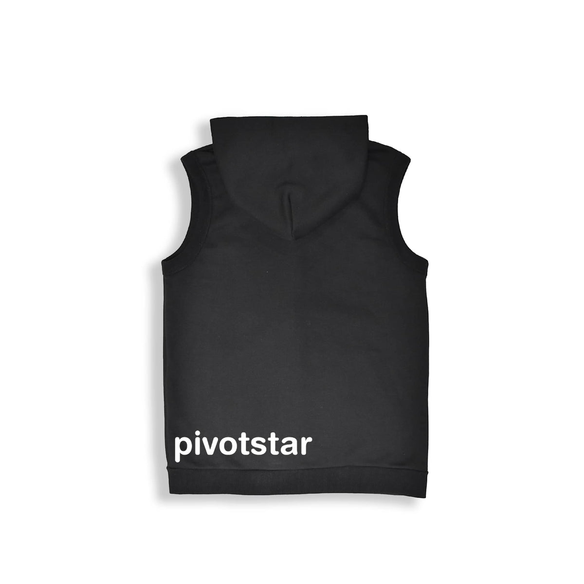 back of sleeveless hoodie with "pivotstar" in white along back bottom hem