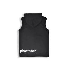 Load image into Gallery viewer, back of sleeveless hoodie with "pivotstar" in white along back bottom hem
