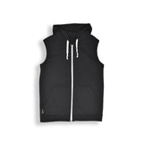 black sleeveless hoodie with white drawstrings