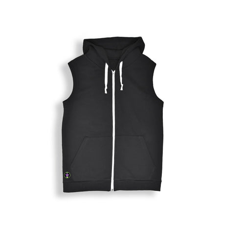 black sleeveless hoodie with white drawstrings