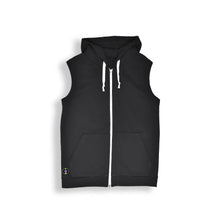 Load image into Gallery viewer, black sleeveless hoodie with white drawstrings
