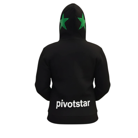 Pivotstar black cotton blend hooded sweater with white drawstrings and a green star appliqué on the hood.