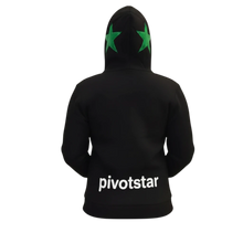 Load image into Gallery viewer, Pivotstar black cotton blend hooded sweater with white drawstrings and a green star appliqué on the hood.