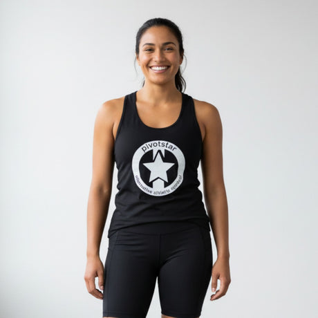 Pivotstar black unisex tank top with scoop neck and white star logo. Available in full length or cropped.
