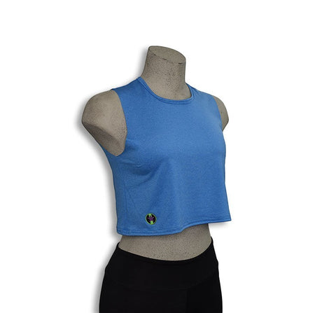 Pivotstar blue poly/spandex blend Box Crop tank top with crew neck and logo detail. Ideal for activewear.