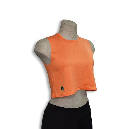 Pivotstar orange poly/spandex blend Box Crop tank top with crew neck and embroidered logo detail.