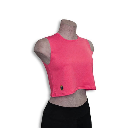 Pivotstar Box Crop tank top in bright pink, made from poly/spandex blend. Sleeveless, crew neck, cropped length.