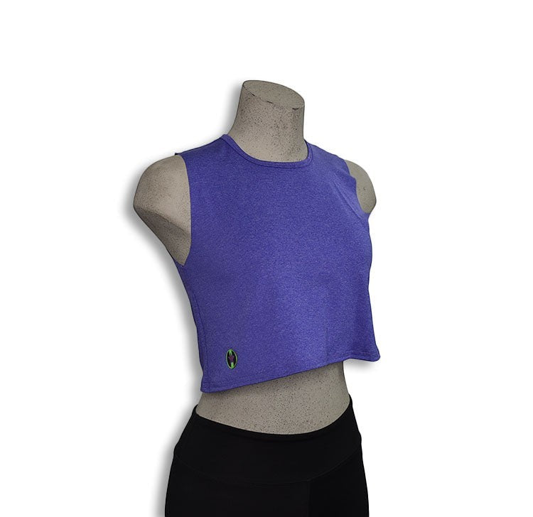 Pivotstar Box Crop purple poly/spandex blend sleeveless activewear tank top on mannequin