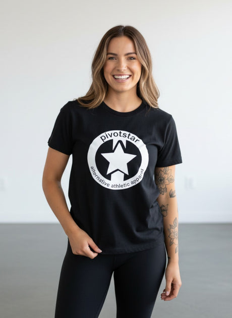 Pivotstar black cotton t-shirt with white circular logo featuring a star and text.