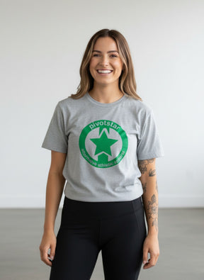 Pivotstar light grey cotton blend t-shirt with green star logo and text "alternative athletic apparel"
