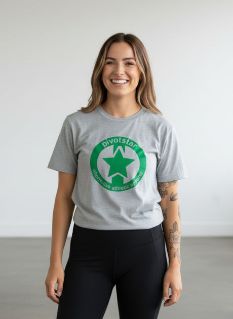 Pivotstar light grey cotton blend t-shirt with green star logo and text "alternative athletic apparel"
