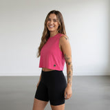 Pivotstar pink heathered box crop top with a loose fit and crew neck, perfect for track or gym.
