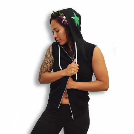 Pivotstar black sleeveless hoodie with a green sparkly star on the hood and white drawcords.
