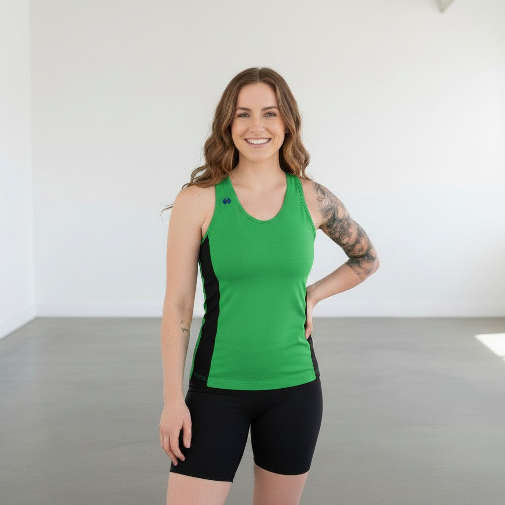 Pivotstar yellow and black athletic tank top with racerback and fitted body. Made from quick-dry, wicking material.