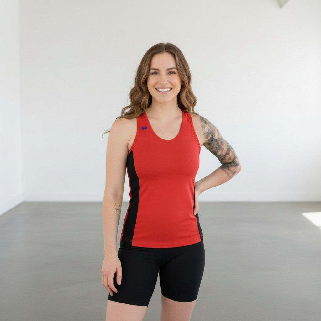 Pivotstar yellow and black athletic tank top with racerback and fitted body, made of wicking material.