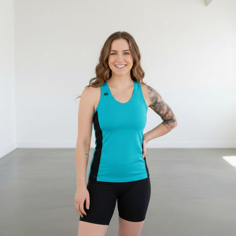 Pivotstar yellow and black athletic tank top with racerback and fitted silhouette. Made from quick-dry, wicking material.