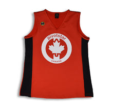 Load image into Gallery viewer, red jersey with black sides, white Pivotstar logo in middle with maple leaf instead of star