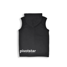Load image into Gallery viewer, black sleeveless hoodie with &quot;pivotstar&quot; text across bottom hem