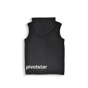 black sleeveless hoodie with "pivotstar" text across bottom hem