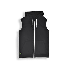 Load image into Gallery viewer, black sleeveless hoodie with white drawstrings