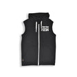 black sleeveless hoodie with white text on front left chest. Skater Name at 1" tall and 1234 at 2" tall