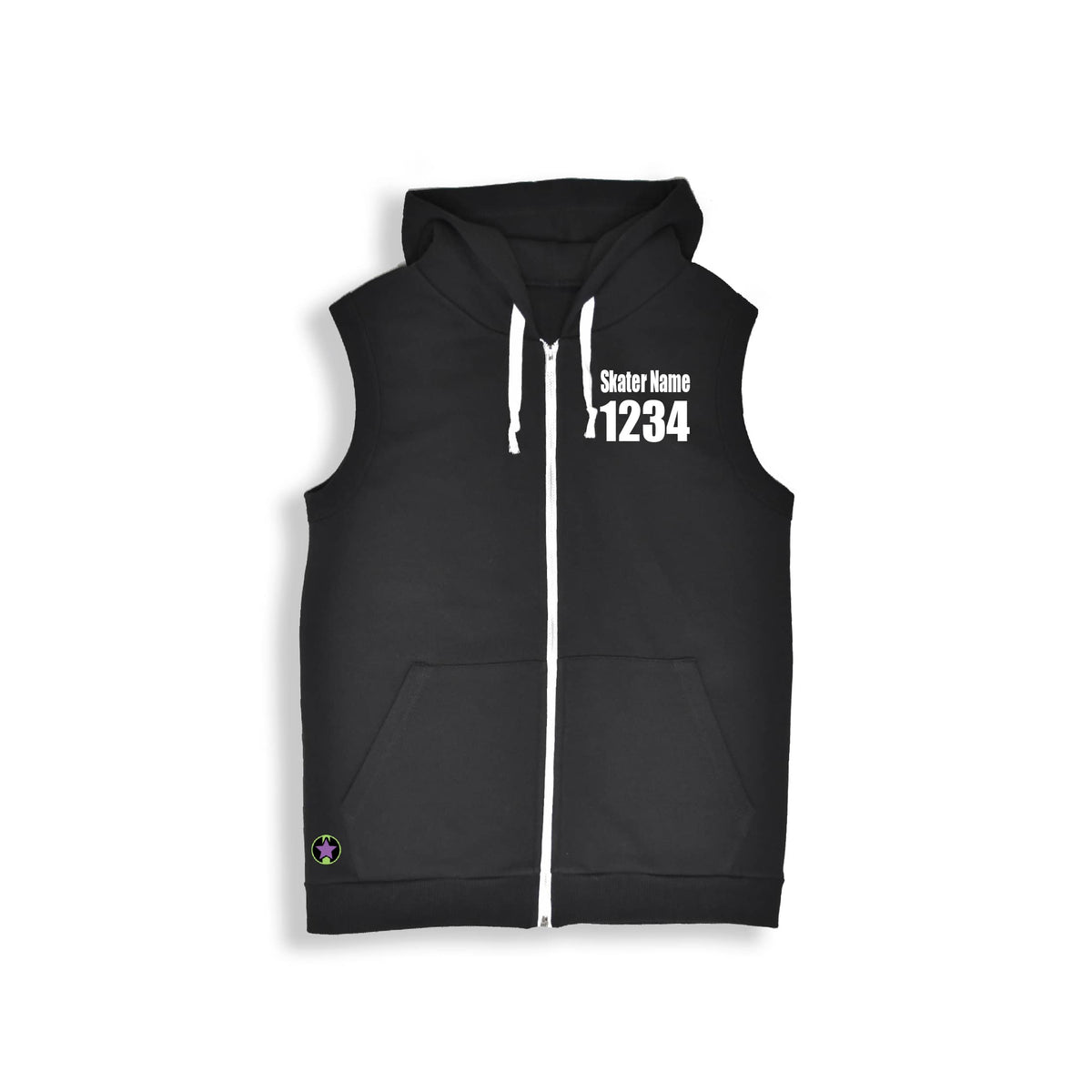 black sleeveless hoodie with white text on front left chest. Skater Name at 1" tall and 1234 at 2" tall