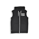 black sleeveless hoodie with white text on front left chest. Skater Name at 1" tall and 1234 at 2" tall