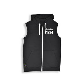 black sleeveless hoodie with white text on front left chest. Skater Name at 1" tall and 1234 at 2" tall