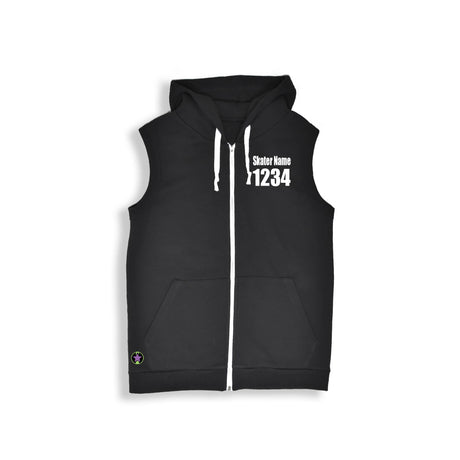 black sleeveless hoodie with white text on front left chest. Skater Name at 1" tall and 1234 at 2" tall