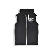 Load image into Gallery viewer, black sleeveless hoodie with white text on front left chest. Skater Name at 1&quot; tall and 1234 at 2&quot; tall