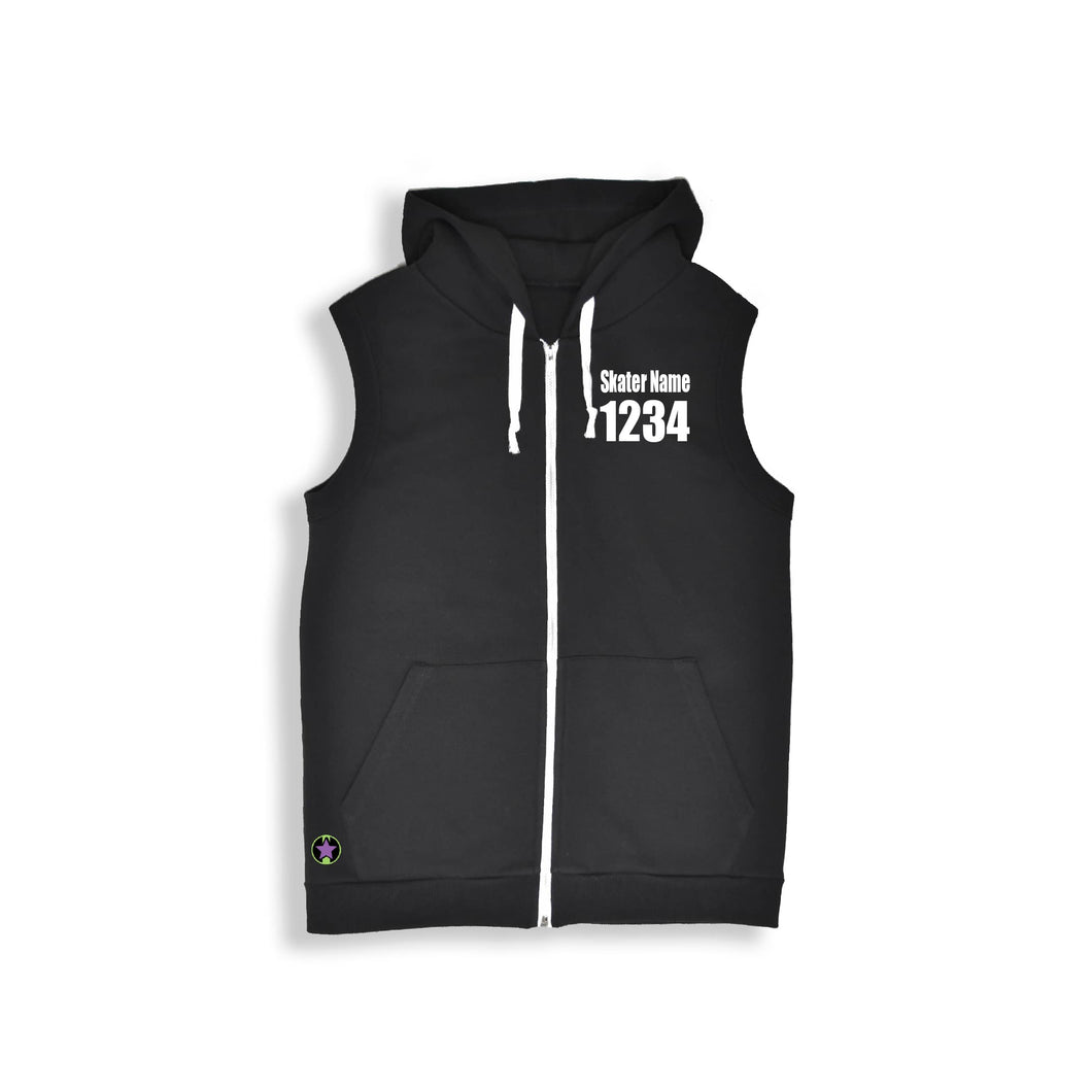black sleeveless hoodie with white text on front left chest. Skater Name at 1